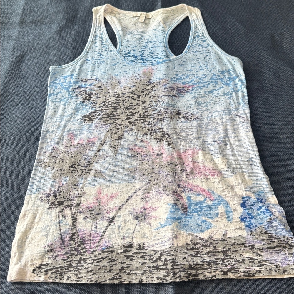 dELiA*s Blue Palm Tree Burnout Racerback Tank Top Small Y2K